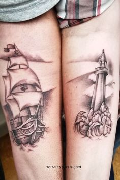 two people with tattoos on their legs, one has a lighthouse and the other has a ship