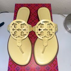 Gorgeous Yellow Leathertory Burch Sandals. Received As A Gift But Unfortunately They Are A Size Too Small For Me. Never Wore Them So They Are Completely New. Comes With The Bottom Half Of The Box And Original Tory Burch Tissue Paper. Perfect For This Summer/Spring Season! Asking 180 Yellow Tory Burch Sandals, Banana Yellow, Miller Sandal, Platform Flip Flops, Tory Burch Sandals, Cream Yellow, Yellow Cream, Black Leather Sandals, Tory Burch Miller