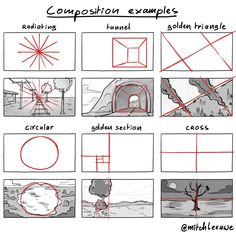 the concept sheet for composition examples, with red lines in each section and white background