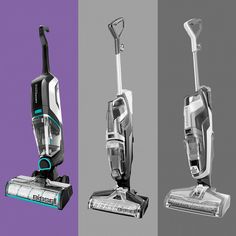 three different types of vacuum cleaners on purple and gray background, one is black and the other is white