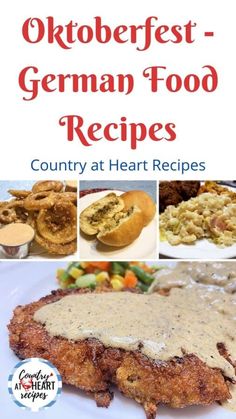 the cover of an cookbook with pictures of different food items and words that read oktoberfest - german food recipes country at heart recipes