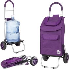 two purple shopping carts with water bottles on the top and one carrying an umbrella behind them