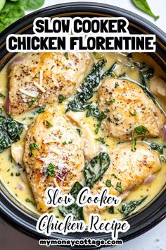 slow cooker chicken florentie with spinach and cheese in a skillet