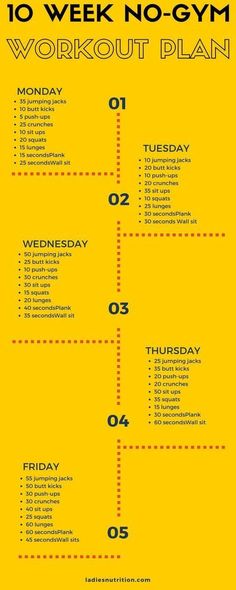 the 10 week no - gym workout plan is shown in yellow and has black numbers on it