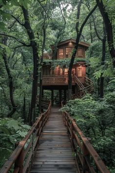 a wooden walkway leading to a tree house in the woods