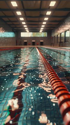 an empty swimming pool with blue water and red bars in the middle, surrounded by lights