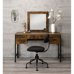 Include: Vanity Desk & Mirror *1Catalog Size: 47"L X 18"W X 53"H Desk: 47"L X 18"W X 29"H Mirror: 24"L X 1"W X 24"HColor: Rustic Oak & Black FinishMaterials (Type of Wood): Particle Board, Paper Veneer, Metal CubeAssembly Required: YesStorage & Clearance Dimensions: Drawer Inner Dimension: LF(2pcs): 9"L x 13"W x 3"H Middle(1pc): 20"L x 13"W x 3"H RF(1pc): 9"L x 13"W x 7"H Leg Space Dimension: 45"L x 17"W x 16"/25"H Mirror Dimension: 18"L x 18"HFloor Clearance: 25"/16" Color: Brown. Vanity Desk Mirror, Makeup Table With Mirror, Dresser Table, Mirrored Vanity Desk, Rustic Luxe, Vintage Dressing Tables, Desk Mirror, Rustic Wood Frame, Acme Furniture