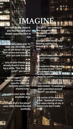 a city at night with the words imagine written on it's front and back