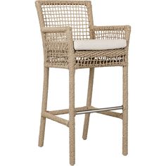 an outdoor wicker bar stool with white cushion on the seat and backrests