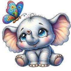 an elephant with blue eyes and a butterfly on it's back, sitting in front of a white background