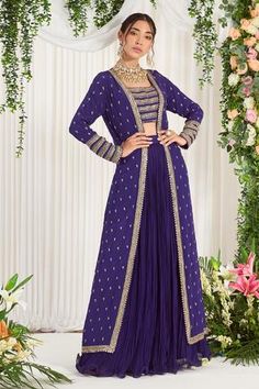 Shop for Nidhika Shekhar Purple Silk Narangi Tyohaar Embroidered Cape Lehenga Set for Women Online at Aza Fashions Lehenga Blouse Models, Purple Lehenga Designs, Red Wedding Lehenga, Pink Kurti, Cape Lehenga, Chic Prom Dresses, Cape Set, Suit Styles, Embroidered Cape