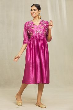 Rose pink midi dress featuring floral motifs, sequins, beads, zardozi and resham hand embroidery on an organic silk base, Fit: Relaxed Pleated Midi Dress, Pink Midi Dress, Floral Motifs, Aza Fashion, Pleated Dress, Dress For Women, Rose Pink, Women Dresses, Sleeve Type