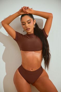 Available In Chocolate. 2 Piece Bikini Crop Top Short Sleeve High Rise Bottom Moderate Back Coverage Full Stretch Final Sale Shell/ Lining: 82% Nylon 18% Spandex Imported | Another Beach Trip 2 Piece Bikini in Chocolate Brown size XL by Fashion Nova Crop Top Short Sleeve, Chocolate Fashion, 1 Piece Swimsuit, Two Piece Swimwear, High Leg, Swimwear Fashion, Beach Trip, Chocolate Brown, Womens Swimwear