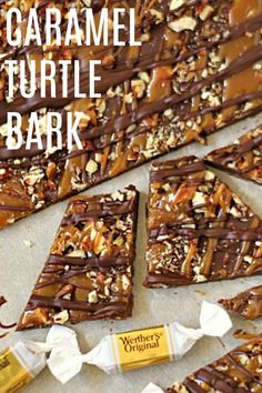 chocolate caramel turtle bark is cut into squares and stacked on top of each other