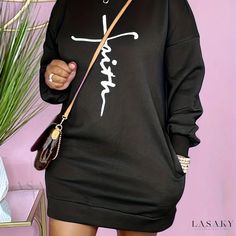 Lasaky - Womens Plus Size Casual Sweatshirt Dress with Art Letter Print, Drop Shoulders, Long Sleeves, and Round Neckline - Featuring Convenient Pockets Vogue Dress, Long Sleeve Casual Dress, Royal Blue Dresses, Straight Dress, Black Dresses Casual, Curve Dresses, Long Sleeve Mini, Sweatshirt Dress, Plus Size Casual