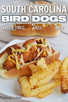 a chicken tenders sandwich with cheese and french fries on a white plate next to the caption, south carolina bird dogs