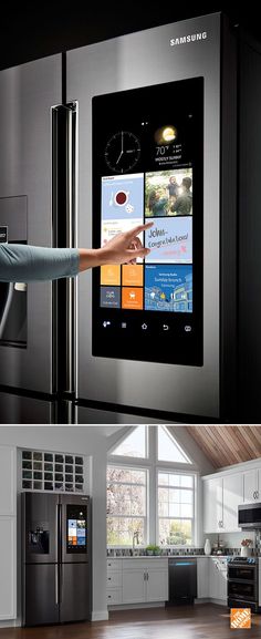 the samsung app is on the refrigerator and it's being held up by someone