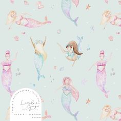 watercolor mermaids and stars on blue background