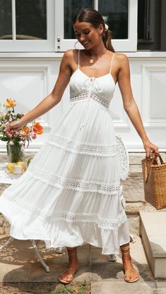 Relaxed Fit Hand Wash Cold,Line Dry Midi Length Boho Chic Solid Color Not Lined White Spaghetti Strap Dress, Beach White Dress, Eyelet Maxi Dress, Bohemian Maxi, Strapless Neckline, Lace Strapless, Bohemian Maxi Dress, Comfortable Design, Tiered Midi Dress