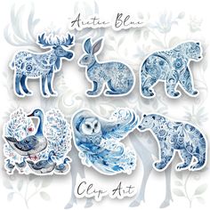 four blue and white stickers with animals in the middle one is an owl, two are polar bears