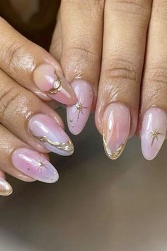 Pastel Gel Nail Designs, Aphrodite Nails Square, Almond Nails Designs Cat Eye, Winter Nail Designs Almond, Enchanted Nails Design, Acrylic Nails With Gold Accent, Glinda Inspired Nails, Hoco Nails Almond, Fun Pink Nail Designs