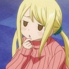 an anime character with long blonde hair wearing a pink sweater and holding her finger to her mouth