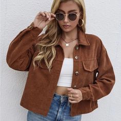 Shein Size Large Never Worn Short Length Breast Sizes Chart, Corduroy Coat, Normal Body, Velvet Shorts, Vintage Swimsuits, Jacket Outfit, Brown Jacket, Long Sleeves Jacket, Corduroy Jacket