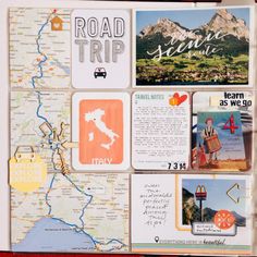 a map with some pictures on it and the words road trip written in different languages