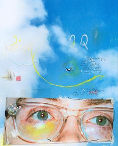 an image of a man's face with eyeglasses and clouds in the background