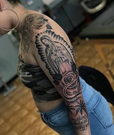 Virgin Mary Shoulder Tattoo, Full Shoulder Tattoos For Women, Virgin De Guadalupe Tattoo Ideas, Virgen Mary Tattoo For Women