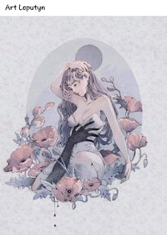 a drawing of a woman sitting on the ground with flowers in front of her face