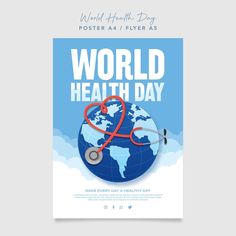 world health day poster with a stethoscope on top of the earth and clouds