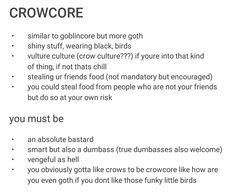 an image of the words crowcore and what they mean to be written on it