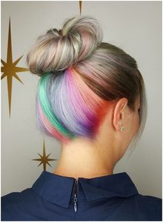 Hidden Rainbow Hair, Pastel Rainbow Hair, Peekaboo Hair Colors, Underlights Hair, Hair Color Underneath, Peekaboo Hair