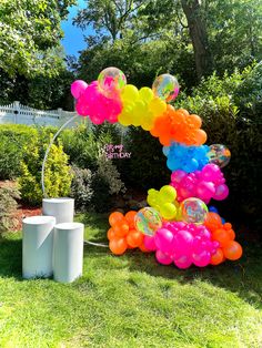 a bunch of balloons that are in the grass