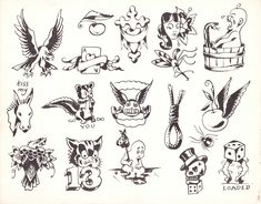 an old school tattoo flash sheet from the early 20th century, depicting various tattoos and designs