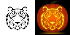 a tiger head carved into a pumpkin with the light turned on it's face