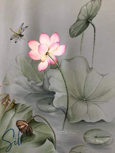 a painting of water lilies and dragonflies on a white background with the word silk written below it