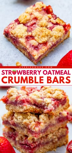 You'll love these strawberry crumble bars! This healthy summer dessert idea is easy to make in just one bowl. With the same crust and oat crumble topping, this strawberry crumble bar recipe is amazing. Plus, this spring baked good is bursting with fresh strawberries! Oatmeal Crumble Bars, Oatmeal Crumble, Fresh Strawberry Recipes, Averie Cooks, Strawberry Dessert Recipes, Crumble Bars