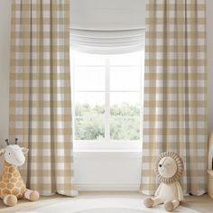 a child's room decorated in neutral colors and checkered curtains, with a stuffed animal next to the window