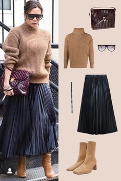 Outfit Inspo |Black Pleated Skirt with Camel Turtleneck Long Sleeve Knit Jumper | Leather Ankle Boots | with Sling Bag | Women's Winter Outfit |Skirt Outfit Inspiration Pleat Leather Skirt Outfit, Knit Dress Boots Outfit, 2024 Fall Skirt Outfits, Caramel Boots Outfit Winter, Style Long Skirt Winter, Camel Turtleneck Sweater Outfit, Pleated Skirt Sneakers Outfit, Plated Skirt Outfit Black Women, Fall Outfits Skirts Boots