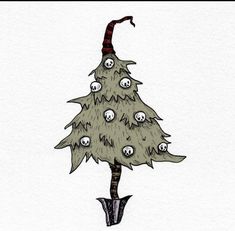 a drawing of a christmas tree with skulls on it's head and an umbrella