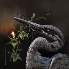 a painting of a bird sitting on top of a tree branch next to a burning candle