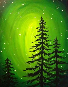 an acrylic painting of trees in the night sky with green and white lights