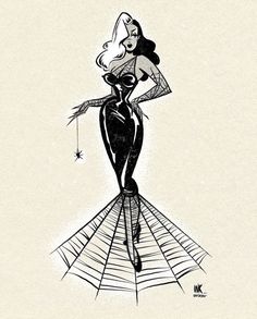 a black and white drawing of a woman in a dress with spider webs on it