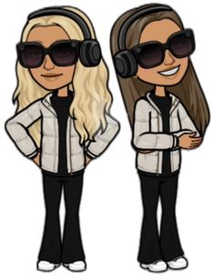 two cartoon women wearing headphones and black pants, one with her arms folded out