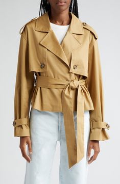 Chic Double-breasted Outerwear With Belted Cuffs, Spring Outerwear With Belt And Lapel Collar, Chic Belted Cropped Outerwear, Chic Cropped Belted Outerwear, Chic Cropped Jacket With Double-breasted Button For Spring, Chic Double-breasted Cropped Jacket For Spring, Modern Belted Spring Outerwear, Chic Belted Outerwear For Spring, Beige Outerwear With Belt Detail For Fall