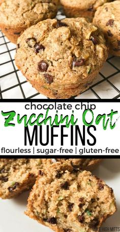 chocolate chip zucchini oat muffins on a cooling rack with text overlay