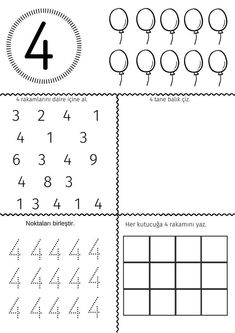 the number four worksheet is shown with balloons and numbers on it, as well as