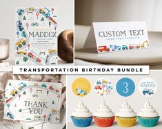 a birthday party with cupcakes, cards and napkins that say'transportation birthday bundle '